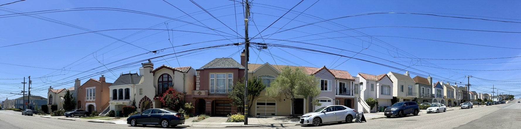 A row of homes in San Francisco District 2 illustrating the neighborhood's variations on a common residential floor plan.