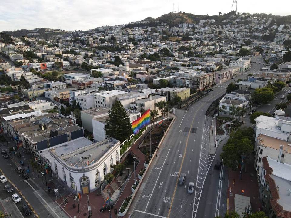 Aerial view of Harvey Milk Plaza and Castro Street.