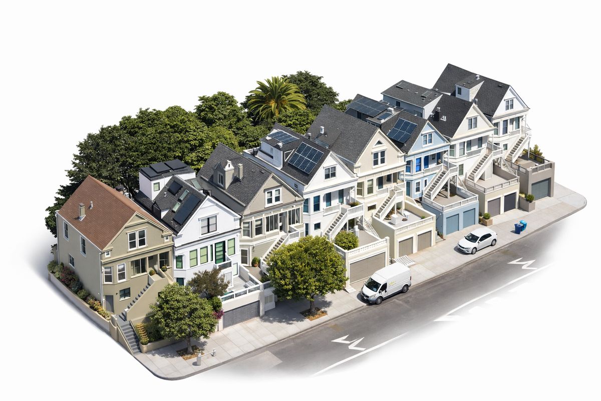 Three-dimensional illustration of a row of Noe Valley houses on a sloping street, each with a garage below and stairs up to the living floors.