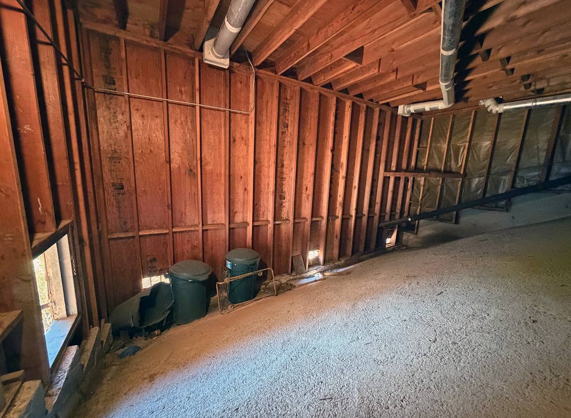 Exposed old-growth redwood framing